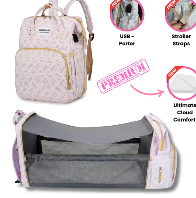 MomBag Pro — 2-in-1 Diaper Backpack & Foldable Baby Bed | USB Port + Stroller Straps